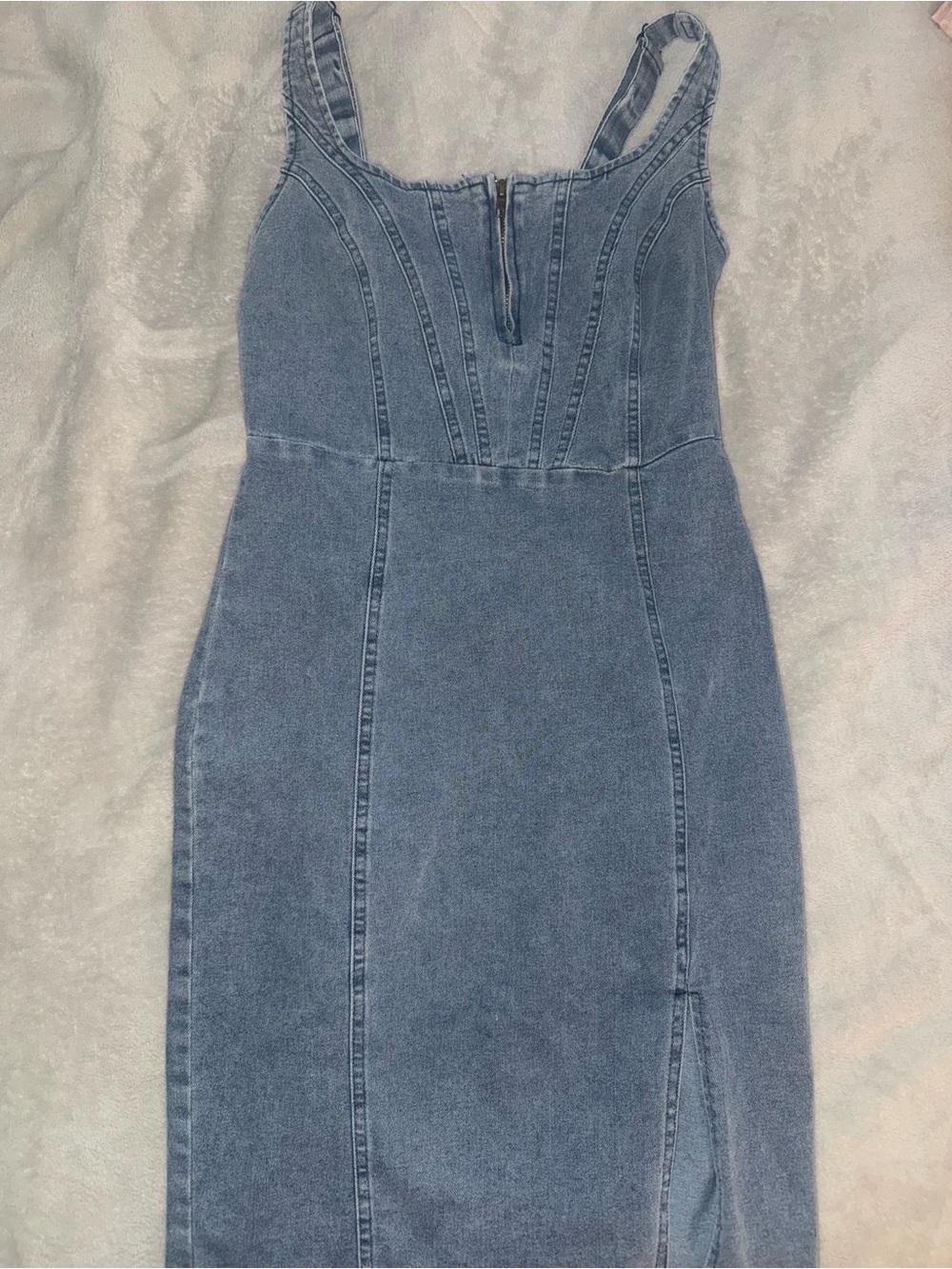 Denim Midi Tank Dress in Faded Blue